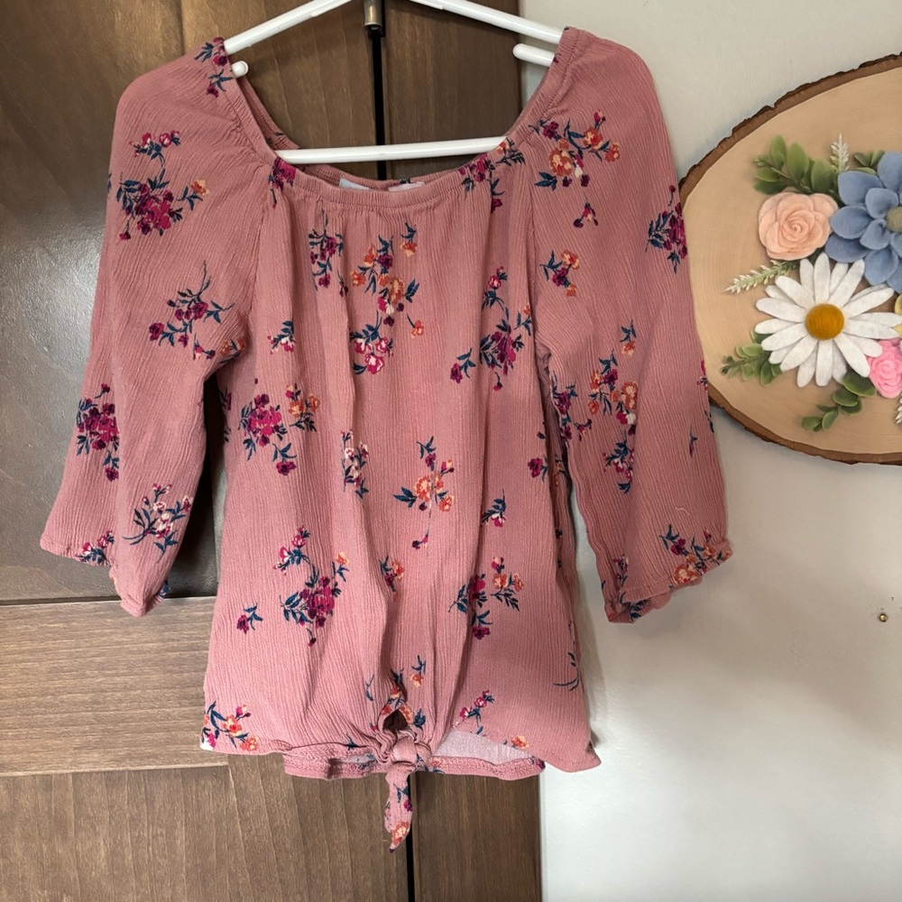 Girls Love & Whimsy Floral Gauze Tie Front Top Size 7 Blush Pink